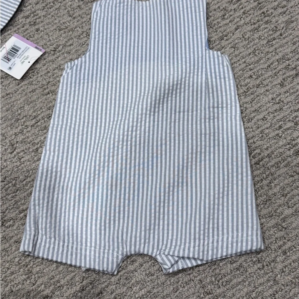 Little Me Blue and White Striped Hat and Romper Set. Sailboat